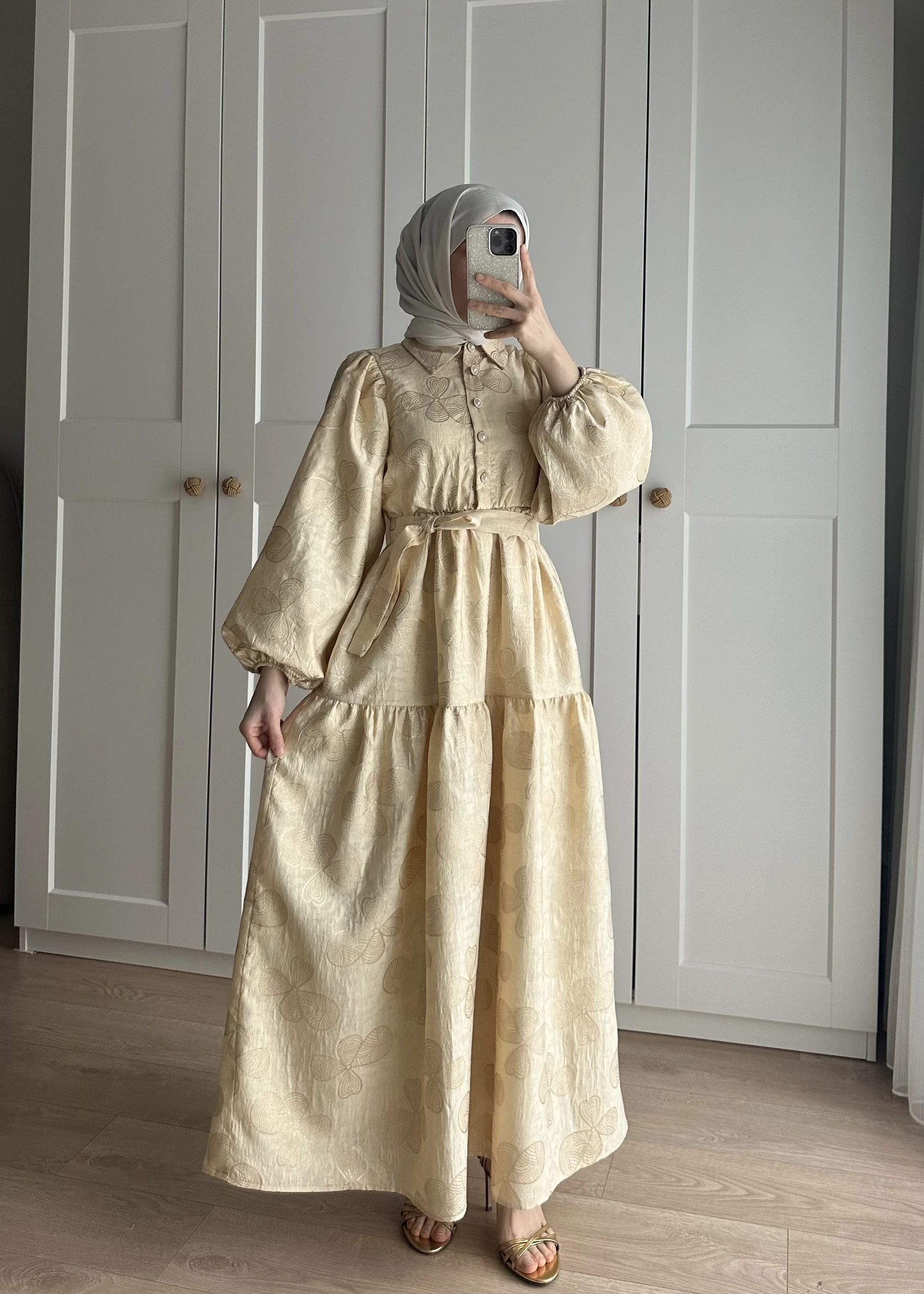 9005 - Çiçek Jakar Elbise | Sarı
