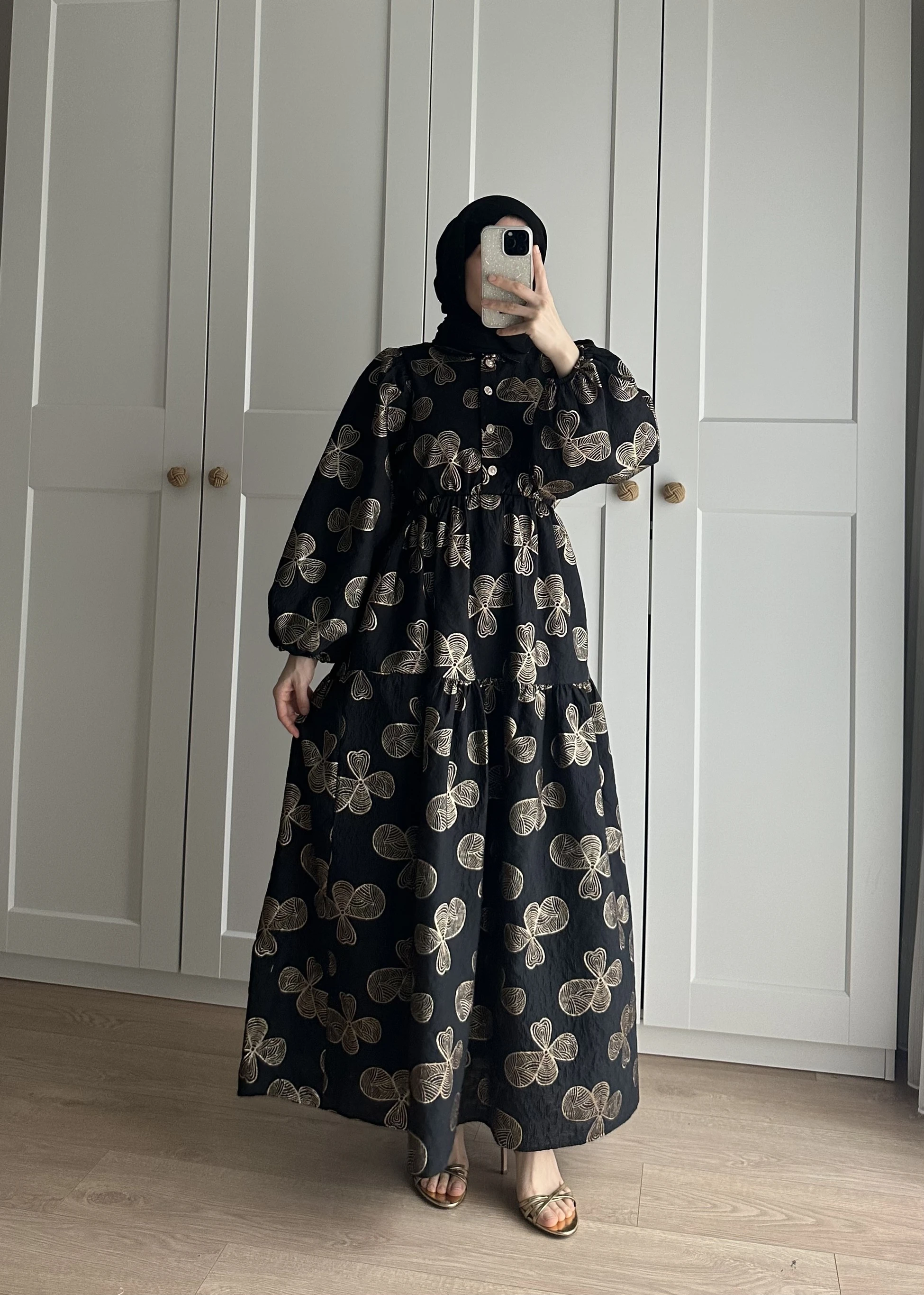 9005 - Çiçek Jakar Elbise | Siyah