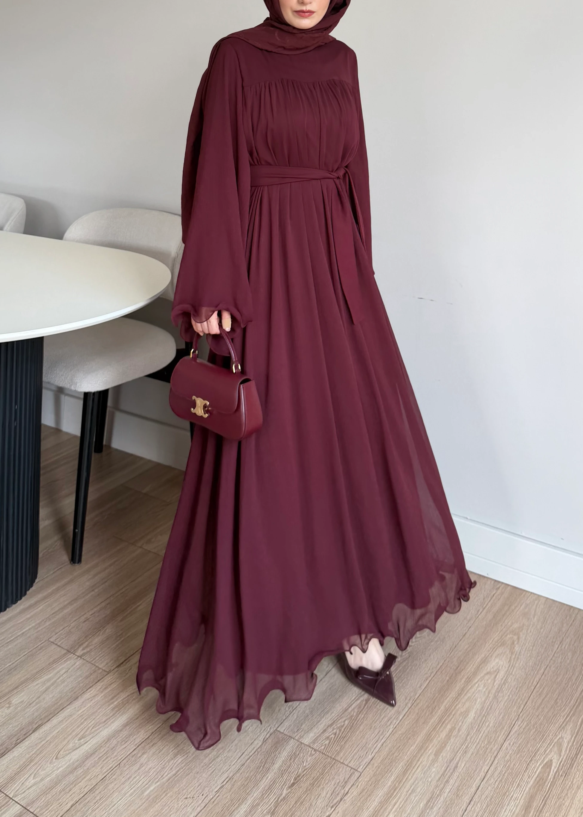 556 - Yoryo Şifon Elbise | Bordo
