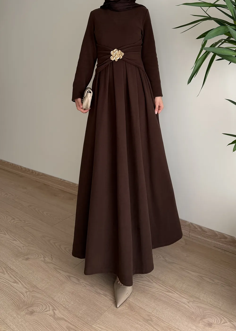 631 - Sole Elbise Kahverengi
